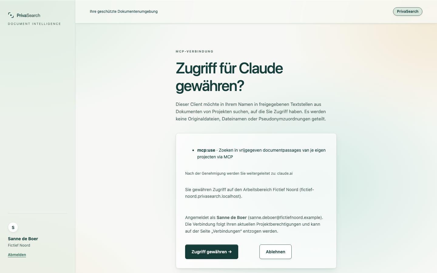 Die Zustimmungsansicht, in der Sie einem KI-Assistenten Zugriff auf freigegebene Passagen geben