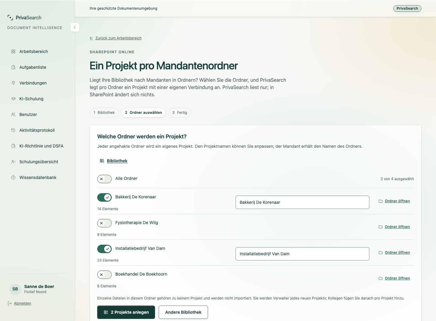 Die Ansicht, in der Sie Ordner aus einer SharePoint-Bibliothek wählen, die jeweils ein Projekt werden