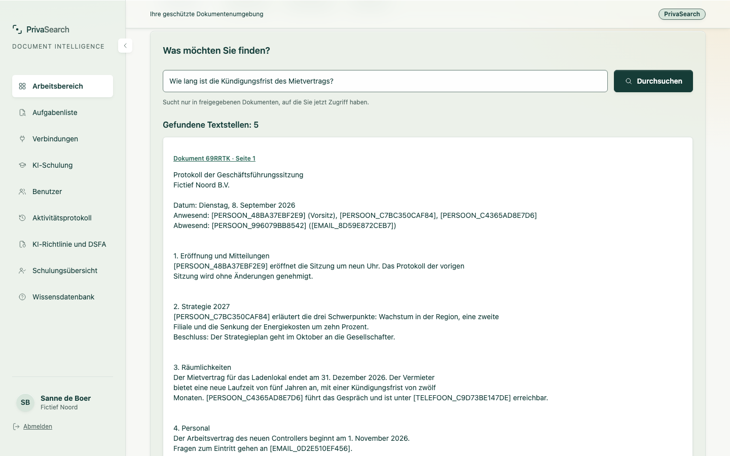 Suchergebnisse: pseudonymisierte Passagen mit einem Verweis auf Dokument und Seite