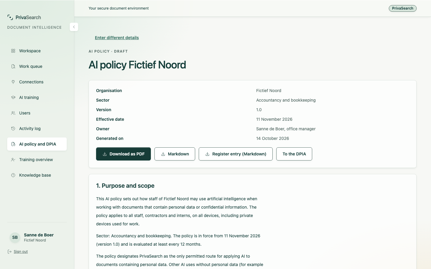 A generated AI policy with the organisation's details and buttons to download it