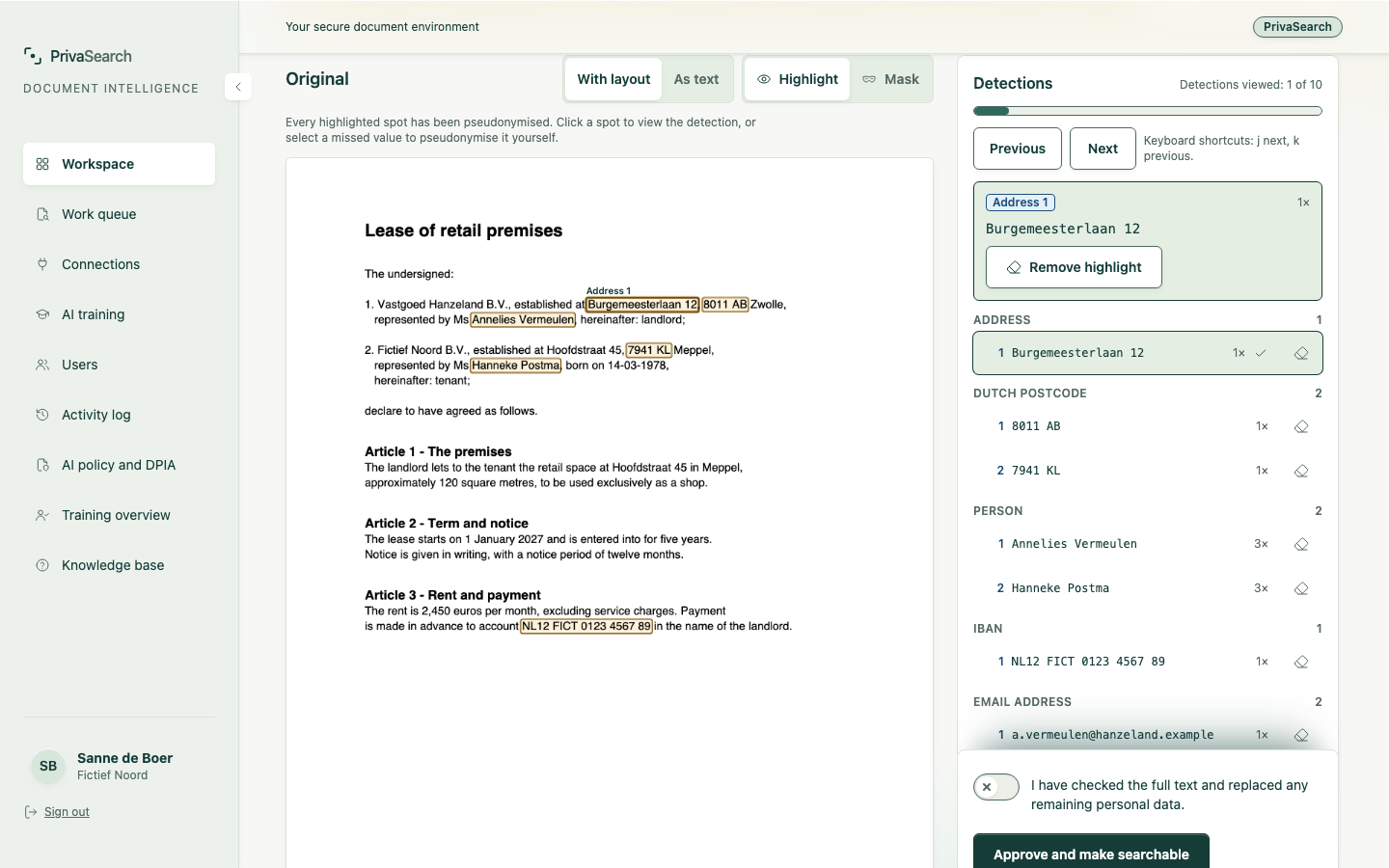 The detected personal data by type, with the original next to it