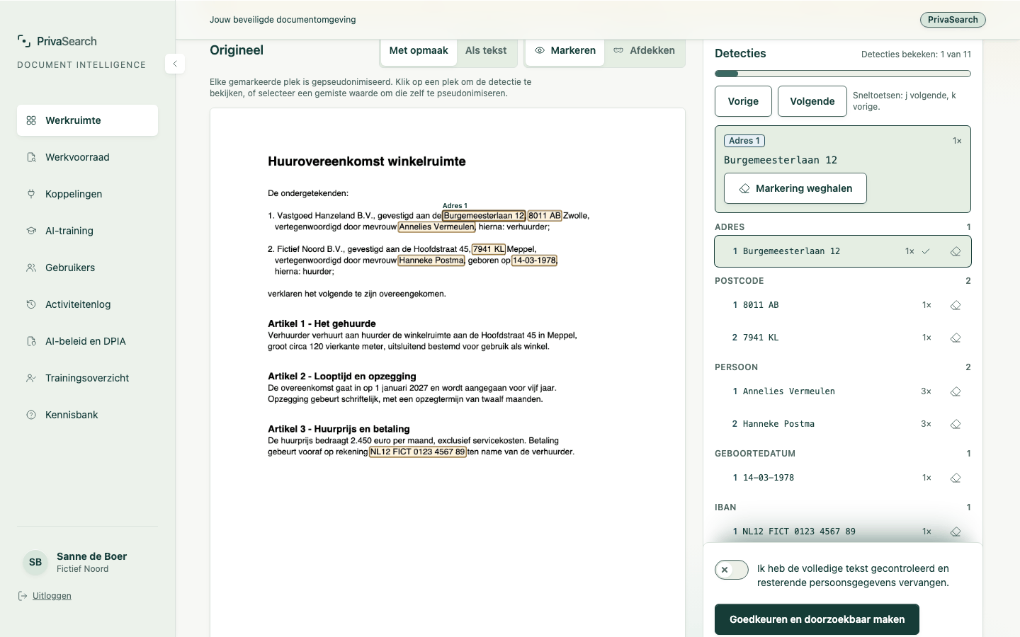De gevonden persoonsgegevens per soort, met het origineel ernaast