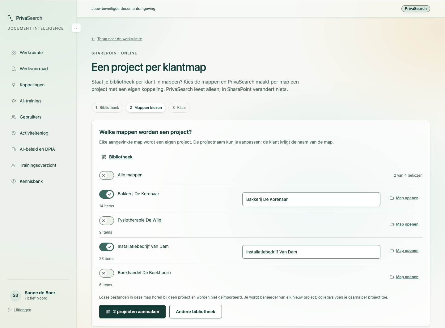 Het scherm waarin je mappen uit een SharePoint-bibliotheek kiest die elk een project worden