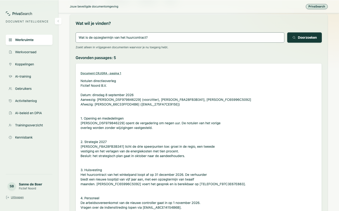 Zoekresultaten: gepseudonimiseerde passages met een verwijzing naar document en pagina
